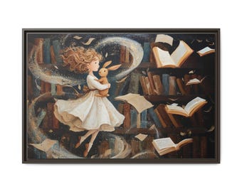 Whimsical Framed Canvas Art: Girl, Bunny, Books – Dreamy Kids Decor