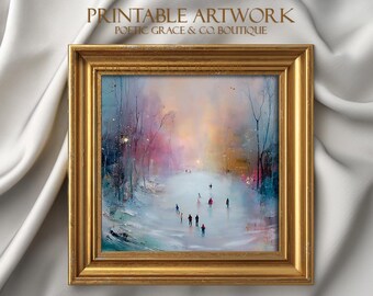 Winter Ice Skating Watercolor Printable • Pastel Landscape Wall Art • Whimsical Winter Scene Digital Download  • Christmas Home Decor