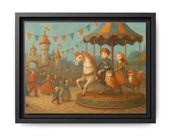 Whimsical Carousel Framed Canvas Print: Playful Kid's Room Wall Art
