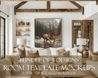 Frame Room Template Mockup Modern Farmhouse  Bundle 5 Design Room Templates with Wood Frame for Artists and Photographers to Sell their Art.