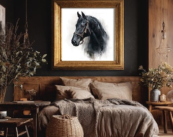Black Stallion Watercolor Print Modern Farmhouse & Cottagecore Decor (Printable Artwork)