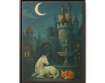 Unicorn Castle Framed Canvas Art Print, Kids Fantasy Decor