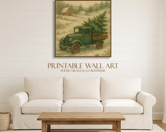 Artwork Printable Vintage Green Truck Christmas Tree Art | Rustic Winter Landscape (Digital Download)