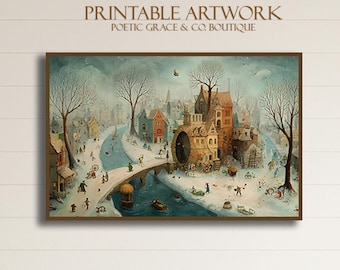 Printable Art Whimsical Winter Village • Vintage Storybook Snow Scene • Medieval Watermill Town Illustration • Christmas Cottagecore Decor