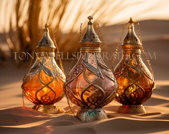 Vintage Bottle Trio Art Print: Ornate Amber & Rose Decor (Digital Download)