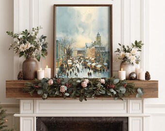 Watercolor Winter Town Square Art Print: Festive Christmas Scene Printable Artwork in 4 Sizes