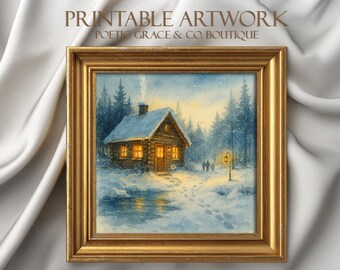 Vintage Winter Watercolor Cabin in the Woods | Rustic Christmas Wall Art |Farmhouse Home Decor | Square Christmas Wall Art Digital Download