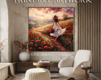 PRINTABLE Red Poppy Field Wall Art, Field of poppies, Landscape print, instant digital download