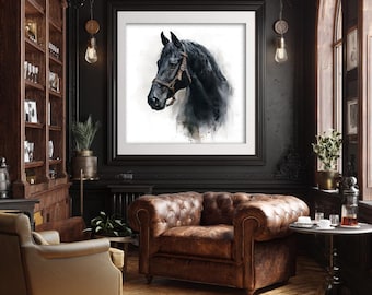 Gentleman's Club Style Black Stallion Watercolor Print  Decor (Printable Artwork)