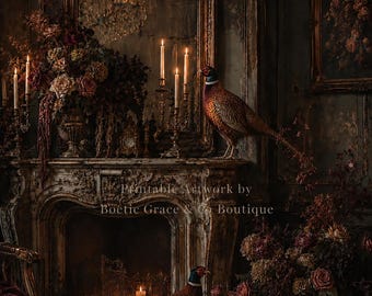 Dark Academia Wall Art | Moody French Fireplace Decor | Vintage Baroque Bird Print | Cottagecore Woodland Artwork |  Digital Download