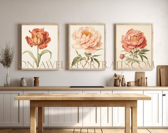 Botanical Florals/  Printable Artwork/ Collection of Three Botanical Prints/High Resolution Digital Download/Pink Florals/ Prints