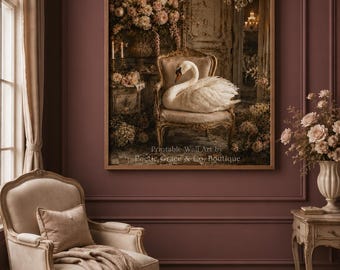 Swan Wall Art Printable | Romantic Cottagecore Decor | Vintage French Country Artwork | Elegant White Swan Art| Shabby Chic Floral Wall Art