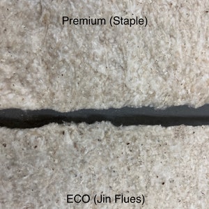 K&ouml;nnte beinhalten: Nahaufnahme von zwei Arten von Baumwollwatte. Der obere Abschnitt ist mit "Premium (Staple)" und der untere Abschnitt mit "ECO (Jin Flues)" beschriftet.