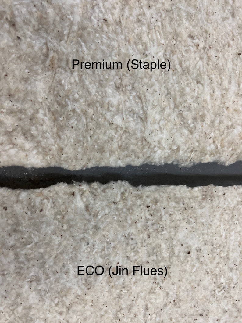 K&ouml;nnte beinhalten: Nahaufnahme von zwei Arten von Baumwollwatte. Der obere Abschnitt ist mit "Premium (Staple)" und der untere Abschnitt mit "ECO (Jin Flues)" beschriftet.