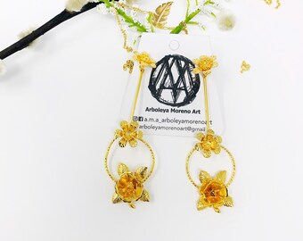 Flower earrings, floral earrings, gold earrings, statement earrings, leaves earrings, handmade, drop earrings