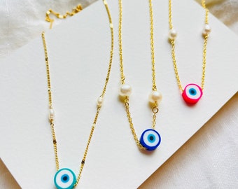 Evil eye necklace, polymer clay evil eye, pearl necklace, dainty necklace, summer necklace, colorful necklace, gift for her, minimal