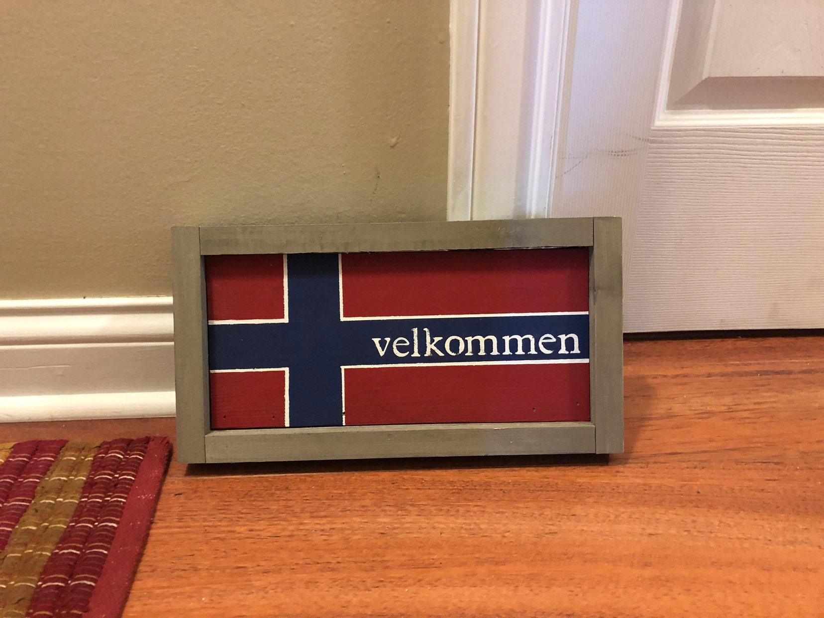 Farmhouse Norwegian Flag Velkommen Sign