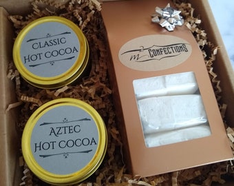 Deluxe Gourmet Hot Cocoa and Marshmallows- Choice of Two Hot Cocoas- Classic, Chai Spice and Aztec with 12 Vanilla Bean Marshmallows