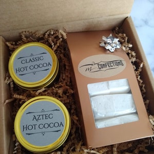 Deluxe Gourmet Hot Cocoa & Marshmallows- Choice of Two Hot Cocoas- Classic, Chai Spice or Aztec with 6 Extra Large Vanilla Bean Marshmallows