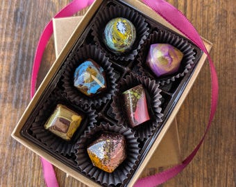 Dairy Free Dark Chocolate Truffles - Bon Bons made without animal products, Handpainted Truffles, Dark Chocolate + Coconut, Vegetarian Gift