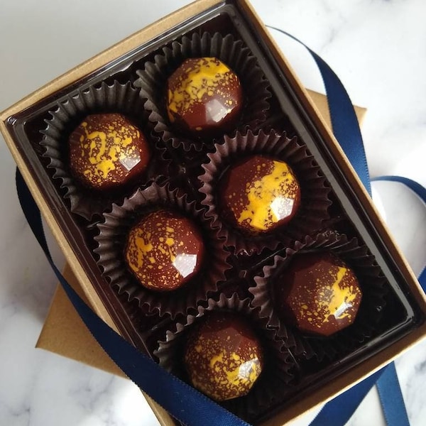 Dark Chocolate Sea Salt Caramel Bon Bons, 6 Piece Truffle Box- Gooey Salted Caramel, Dark Chocolate, Mother's Day Chocolate, Christmas