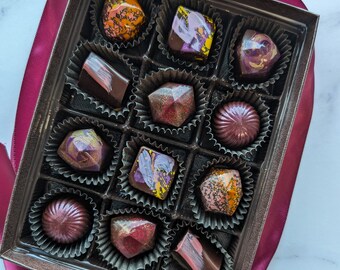 Dairy Free Dark Chocolate Truffle Gift Box -- Bon Bons without animal products, Handpainted Truffles, Chocolate with Coconut, Vegetarian