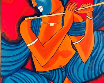 Abstract Krishna oil painting on wrapped canvas