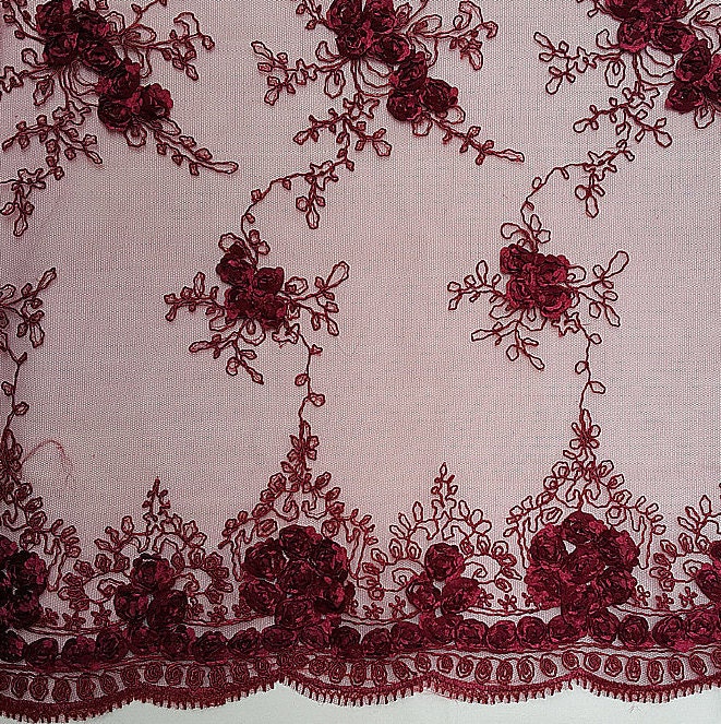 Burgundy Floral Matte Embroidery on Mesh Scalloped Edge Lace | Etsy