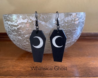 Coffin Goth Earrings Glow in the dark crescent moon