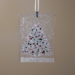 Fused Glass Snowy Tree Christmas Ornament Clear with Green and Red Chips