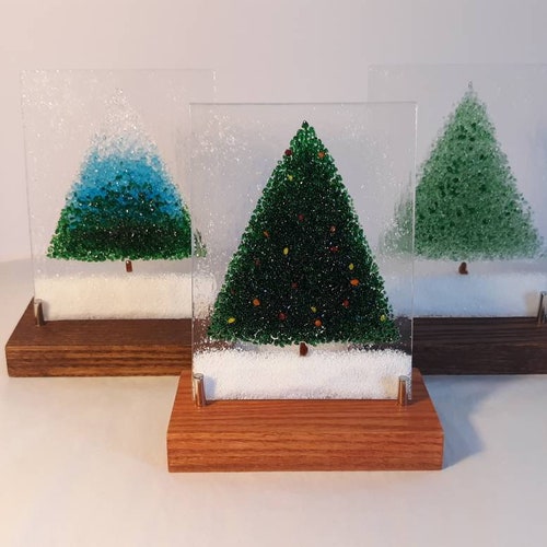 Fused Glass Snowy Tree Blue Green Ombré Fade On Wooden Base 8 inch order