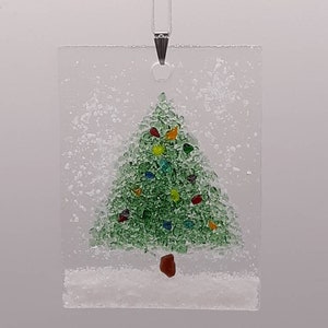 Fused Glass Snowy Tree Christmas Ornament  Light Green with Rainbow Chips