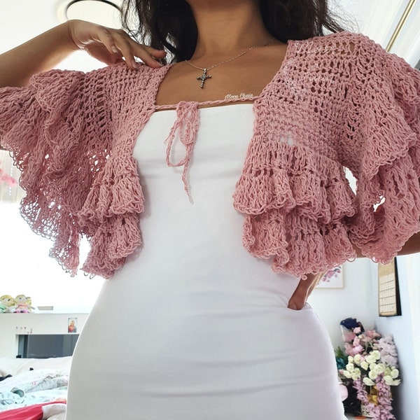 PATRON Cárdigan crop crochet Hawa / Tie up crochet / Crop top crochet / Hecho a medida / mangas onduladas / Talla incluida