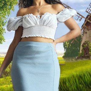 PATTERN PDF  Aura crochet crop top | Crochet milkmaid top | Made to measure | Crochet cottagecore top | puff sleeves | Size inclusive
