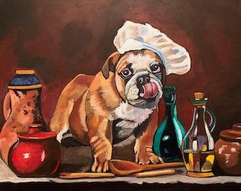 Rufus, the Chef, 16 x 20 acrylic painting, ready to hang or frame, fine art,  free shipping, inspired by a Ginger Cook tutorial