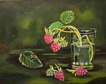 Raspberries in a glass jar, 11 x 14 stretched canvas, unframed kitchen art.  Inspired by a Ginger Cook tutorial