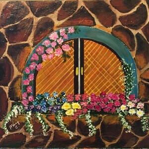 May include: A painting of a stone wall with a window featuring a blue archway and a wooden door with a lattice design. The window is decorated with pink, white, and blue flowers.