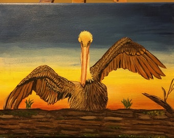 Pelican in Florida, 9 x 12 canvas, unframed, wall decor, bird painting