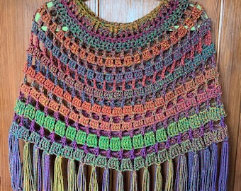 Playful Crochet Poncho Pattern: Multicolored Yarn, Fringe Detail (Digital Download)