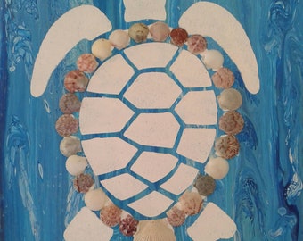 conchiglie, arte, vernice acrilica, tartaruga marina, blu, oceano, fatto in casa