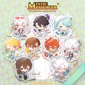 May include: A collection of 2.5-inch acrylic charms featuring characters from "Mystic Messenger." Each charm showcases a different character in a chibi style, with vibrant colors and detailed designs. The charms are double-sided and available for pre-order.