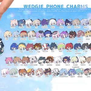 May include: A collection of colorful acrylic phone charms featuring various anime-style characters. The charms are 1.25 inches in size and have a clear, glossy finish. Each charm has a unique design and name, with a black lanyard attached.
