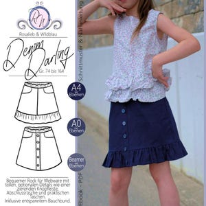 May include: A sewing pattern for a skirt titled Denim Darling, featuring a dark blue skirt with a button-down front and a ruffled hem. The pattern includes technical line drawings, text in German, and labels for A4, A0, and Beamer file formats.