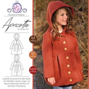 Könnte beinhalten: Ein Schnittmuster für einen rostfarbenen Mantel mit Kapuze namens Apricot. Das Design zeigt eine ausgestellte Silhouette, lange Ärmel, eine Kapuze und eine Knopfleiste mit hellen Knöpfen. Enthält technische Strichzeichnungen und Text.