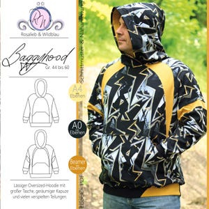 Könnte beinhalten: Ein Hoodie mit schwarzem und weißem Muster und gelben Akzenten, getragen von einer Person. Der Hoodie hat eine große Tasche und eine Kapuze. Das Bild enthält auch ein Musterdesign und den Text "Baggyhood" und "Rosalieb & Wildblau".