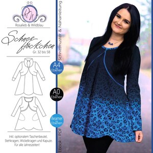 May include: A woman in a blue leopard print tunic, long-sleeved with a round neck. The image includes a pattern for the tunic, with the text "Rosalieb & Wildblau" and "Schneehöckchen". The pattern is for sizes 32 to 58.