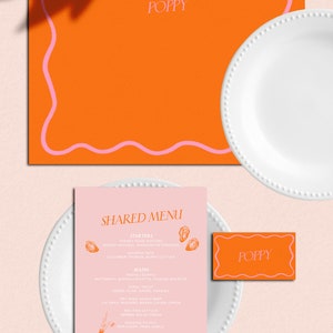 Menu de fête Aperol ondulé, set de table et carte de visite Bridal Shower modèle modifiable, téléchargement imprimable EVJF poules, rose orange Amalfi