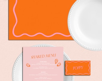 Menú ondulado para fiesta de Aperol, mantel individual y tarjeta con nombre para el lugar, plantilla editable para despedida de soltera, imprimible para despedida de soltera, Amalfi rosa y naranja