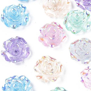 Resin Rose Cabochons Transparent AB Color | Mixed Color Small Flower Flatback Charms | 9.5mm DIY Jewelry & Craft Supplies | 5 pcs USA