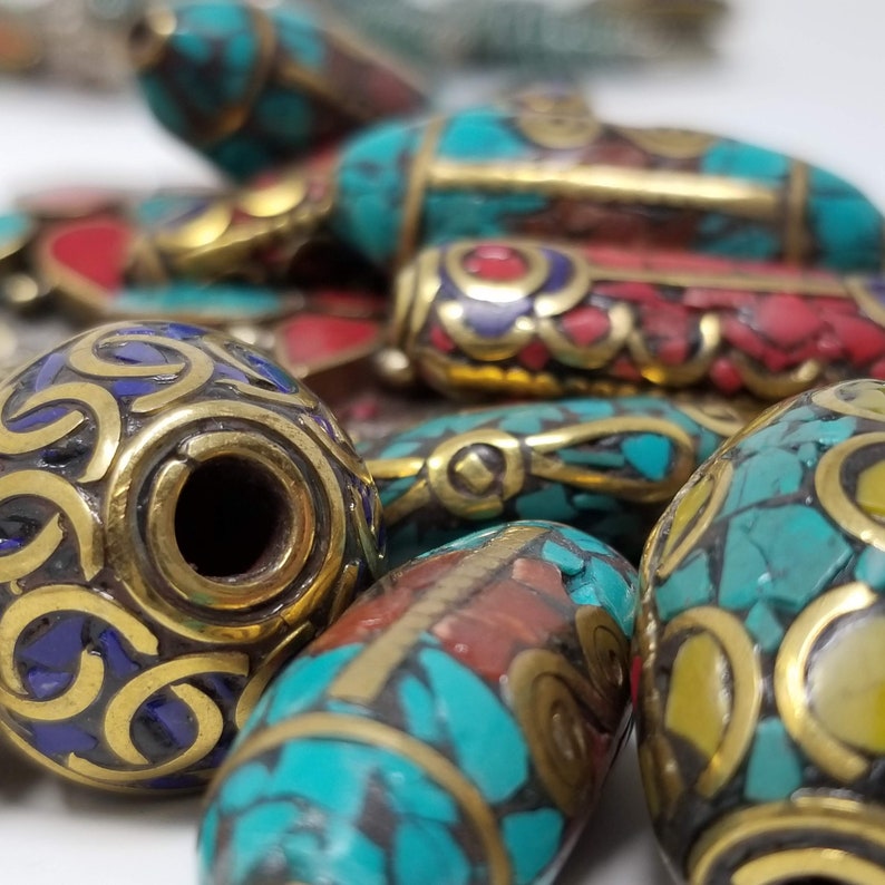 10mm Coral Turquoise Brass Nepal Beads Indonesian Pendant Bead DIY Jewelry Making Bead Textured Boho Ethnic Beads Barrel Findings Gypsy